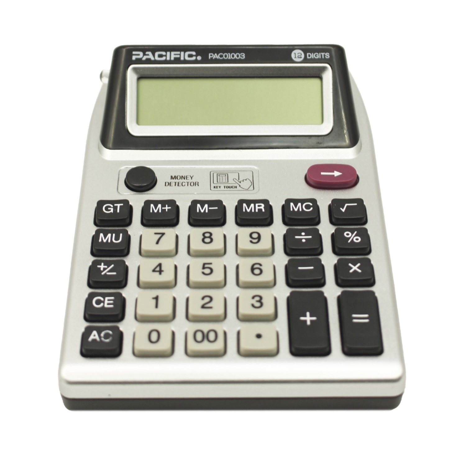 CALCULADORA ELECTRÓNICA DETECTOR DE BILLETES PANTALLA DOBLE 12 DIGITOS PAC01003 GRIS