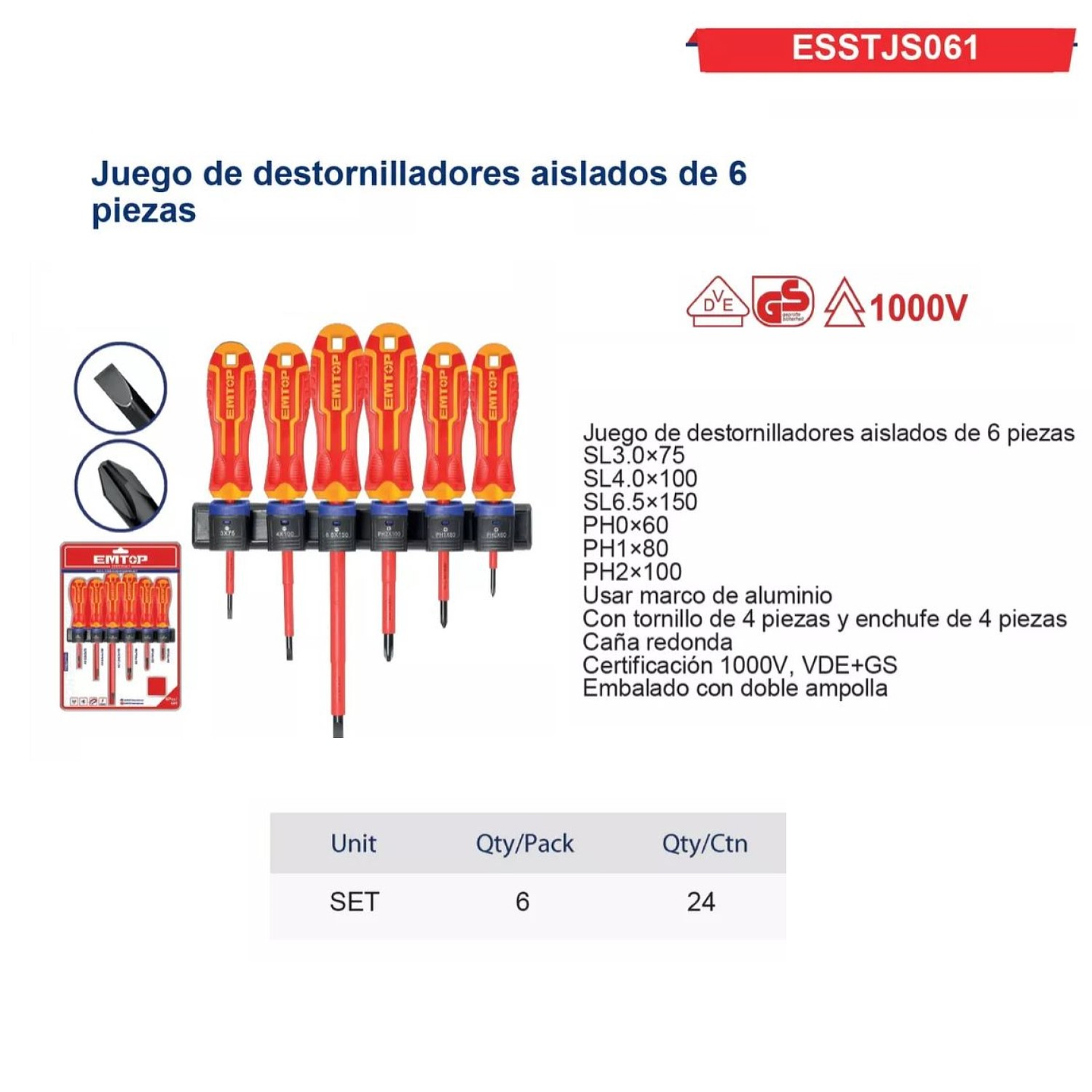 Kit 6 Destornilladores Aislados 1000v Emtop ESSTJS061 5
