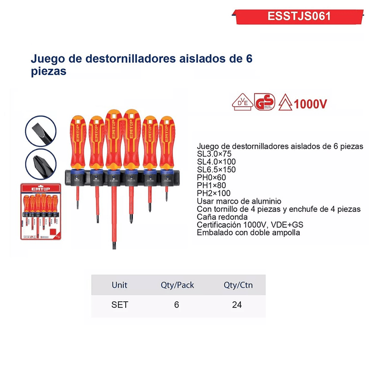 Kit 6 Destornilladores Aislados 1000v Emtop ESSTJS061 5