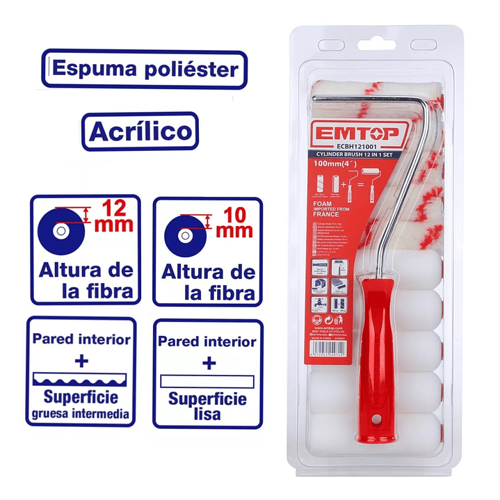 Kit Rodillo 100mm 4” de Pintura + 10 Rodillos Emtop  6