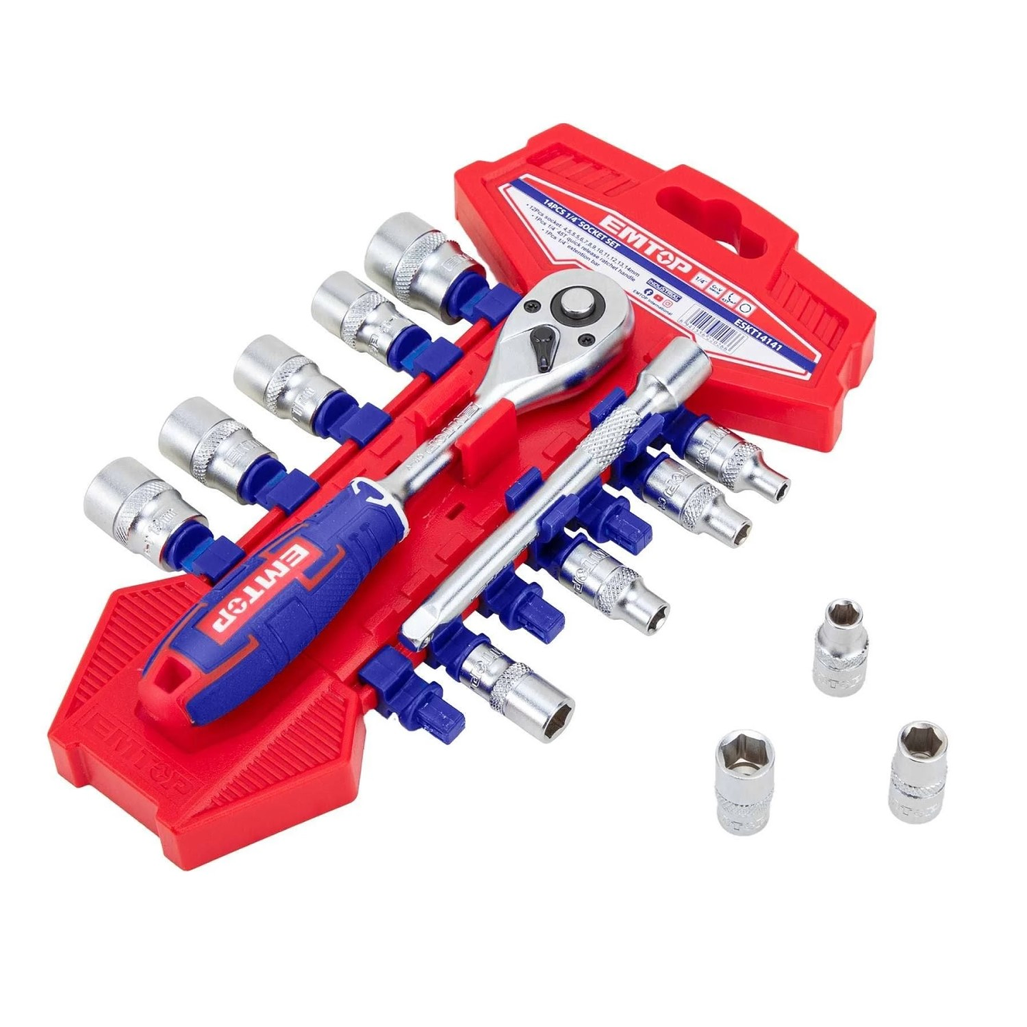 Kit de 14 Piezas Dados Ratchet 1/4 45t EMTOP  1