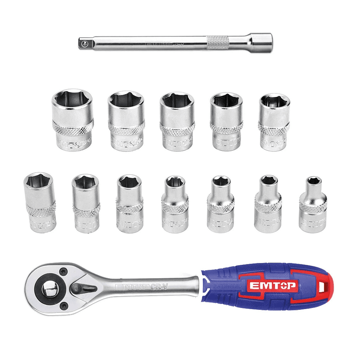 Kit de 14 Piezas Dados Ratchet 1/4 45t EMTOP  2