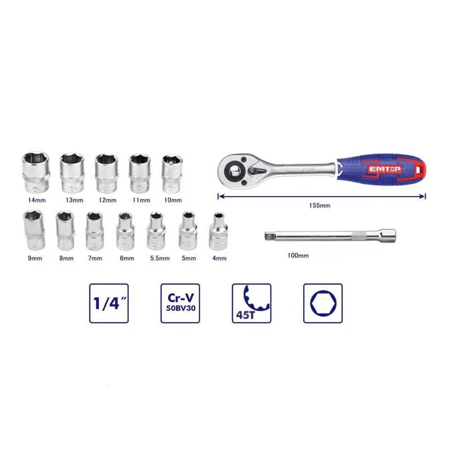 Kit de 14 Piezas Dados Ratchet 1/4 45t EMTOP  3