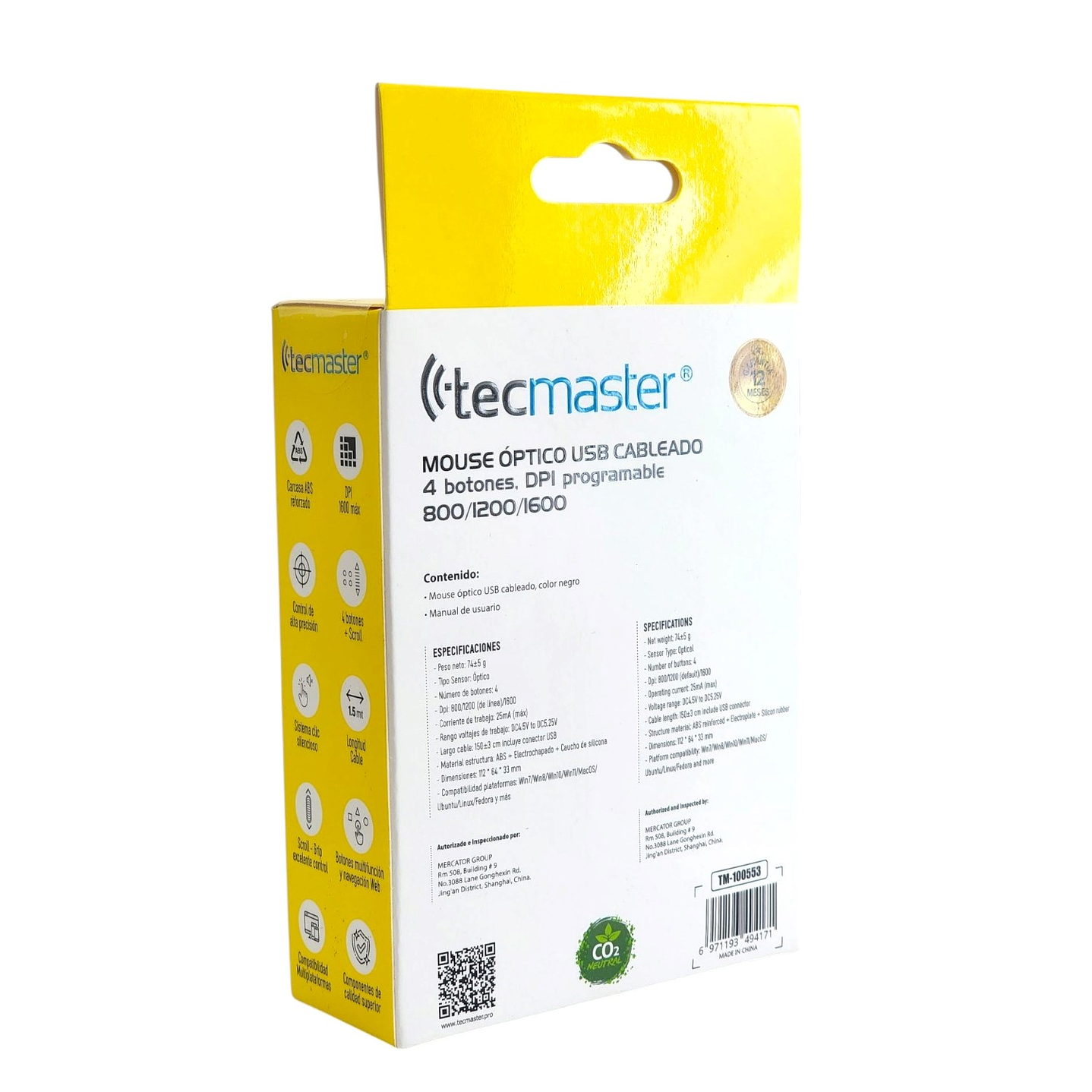 Mouse Óptico con Cable USB 1600 dpi Tecmaster Negro 6
