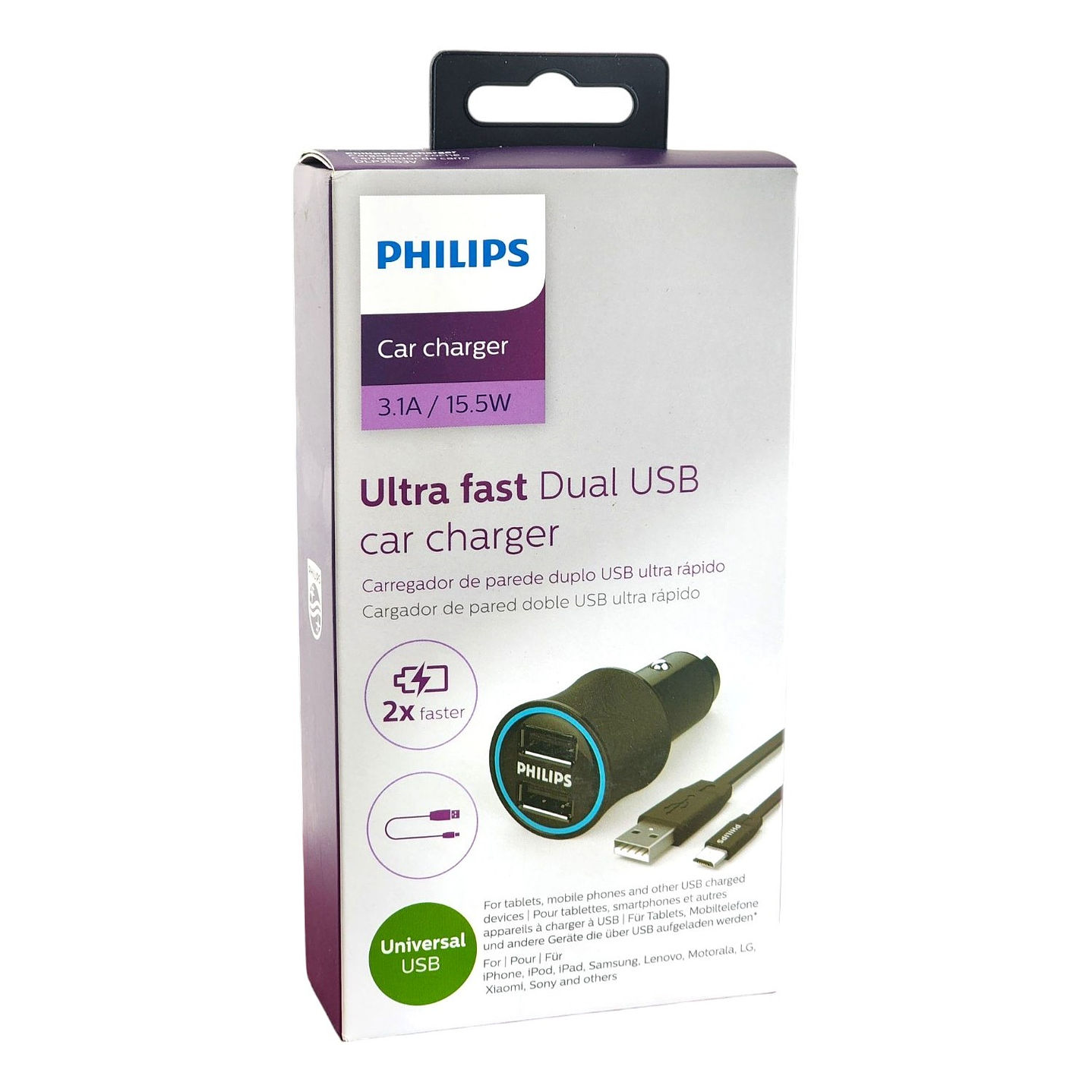 Cargador auto USB Doble con cable USB a Micro USB Philips 2