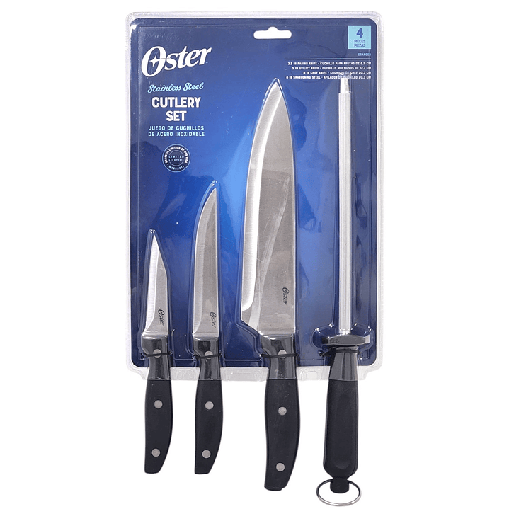 Set de 3 Cuchillos 1 Afilador de Acero Oster Triple Remache 1