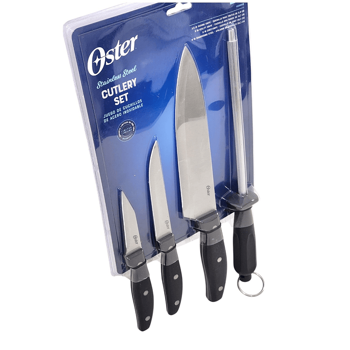 Set de 3 Cuchillos 1 Afilador de Acero Oster Triple Remache 3