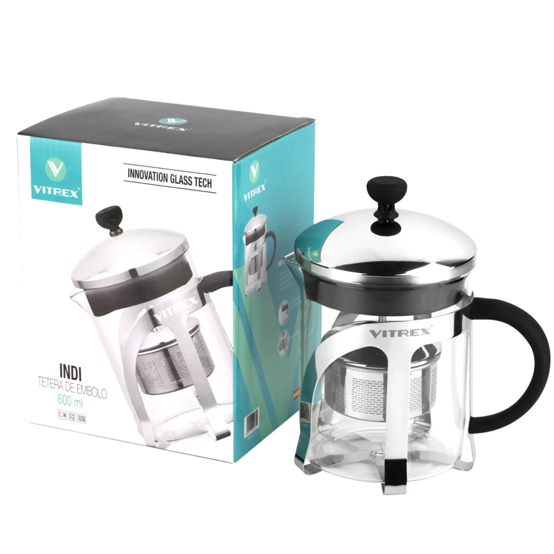 Tetera Embolo de vidrio con filtro 600 ml Indi Vitrex 4