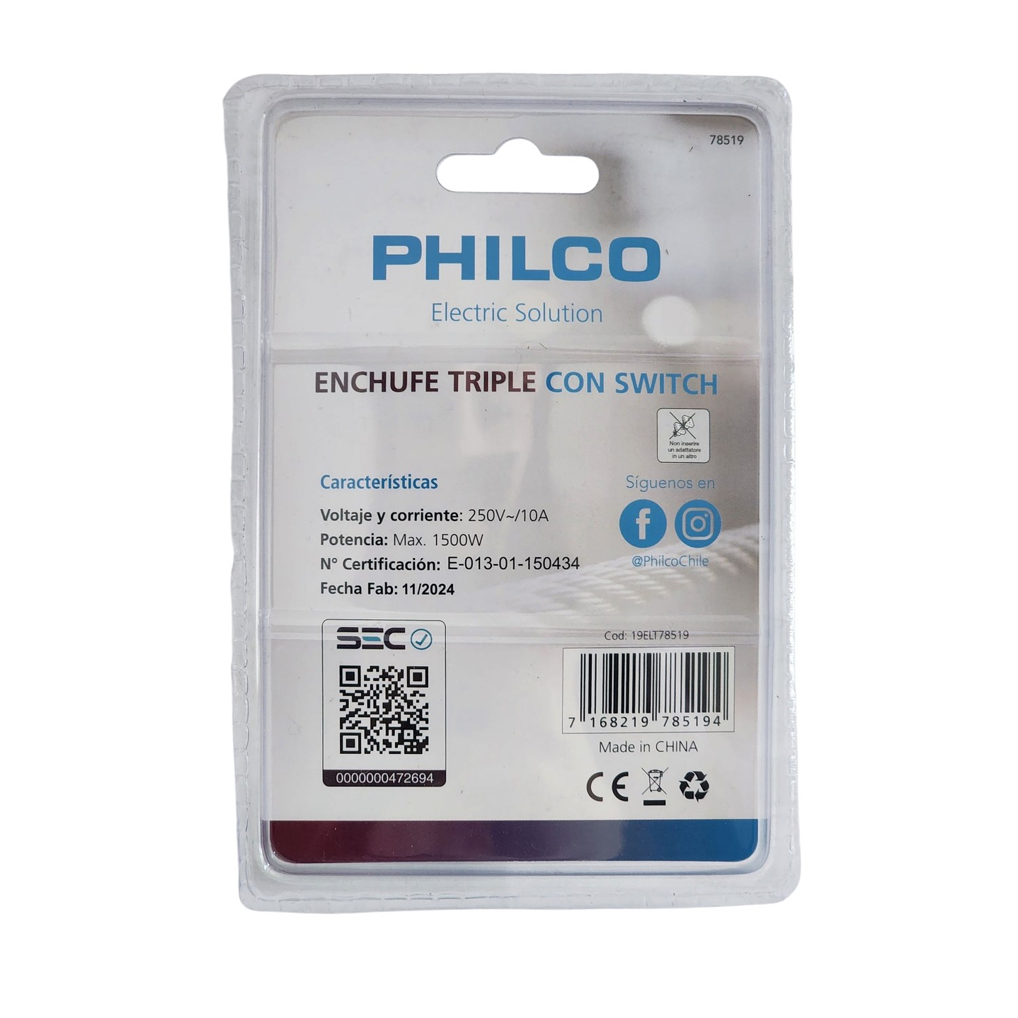 Enchufe Triple Philco 250V 10A con Switch 3 Tomas 78519 4