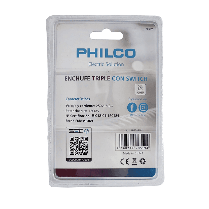 Enchufe Triple Philco 250V 10A con Switch 3 Tomas 78519 4