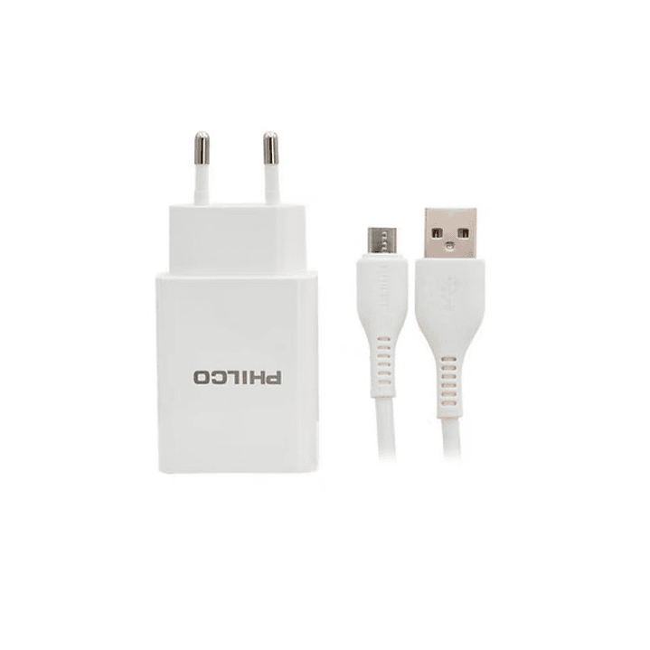 Cargador Rápido 2.1A Doble USB + Cable Micro USB Philco  1