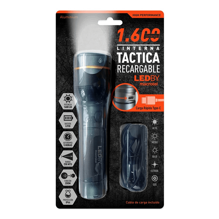 Linterna LED Táctica 1600lm Recargable LB-FL8032 Macrotel 8