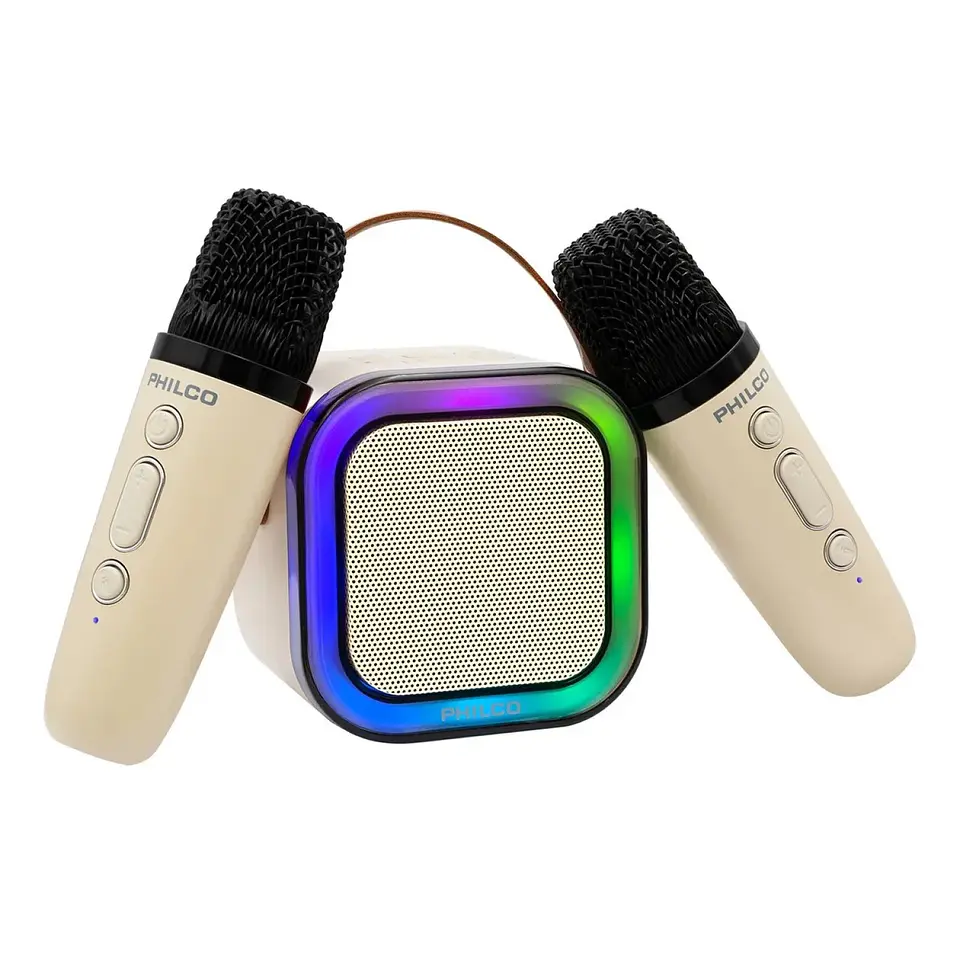 Mini Parlante Karaoke TWS 731W Luz RGB + 2 Micrófonos Philco 1