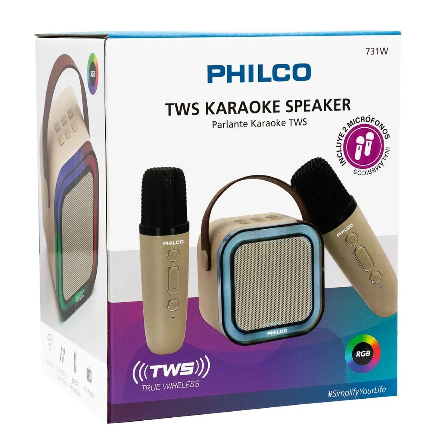 Mini Parlante Karaoke TWS 731W Luz RGB + 2 Micrófonos Philco 8