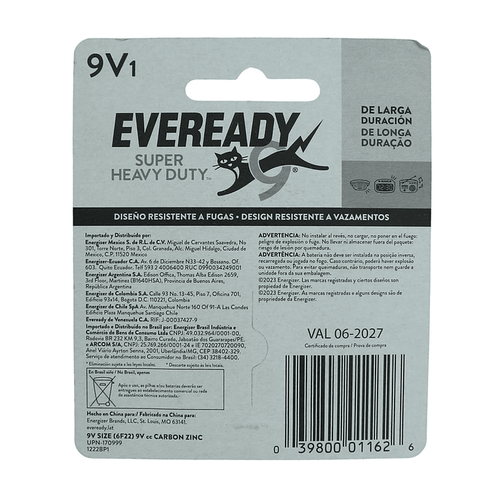Batería Pila 9V Carbón Zinc Super Heavy Duty Eveready 4