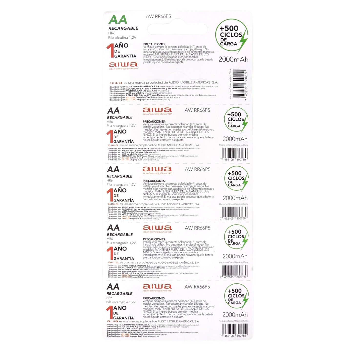 Pack 5 Pilas Recargables AA Aiwa 1.2v 2000mah 4