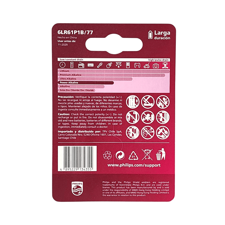 Batería Pila 9v 6LR61P1B Alcalina Philips 6