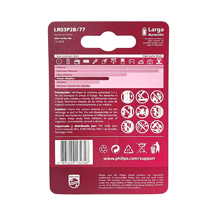 Pack 2 Pilas AAA Alcalinas LR03P2B Philips 7