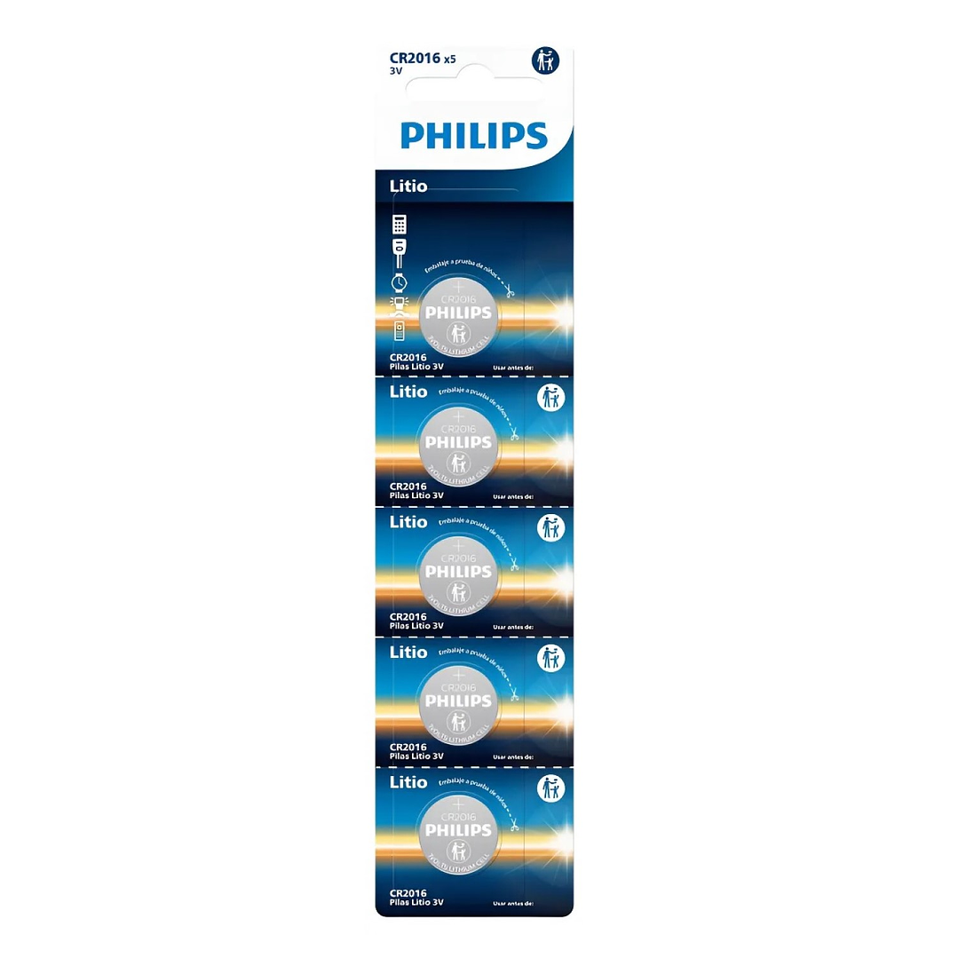 Pack 5 Pilas Cr2016 Tipo Botón Litio 3v Philips 1