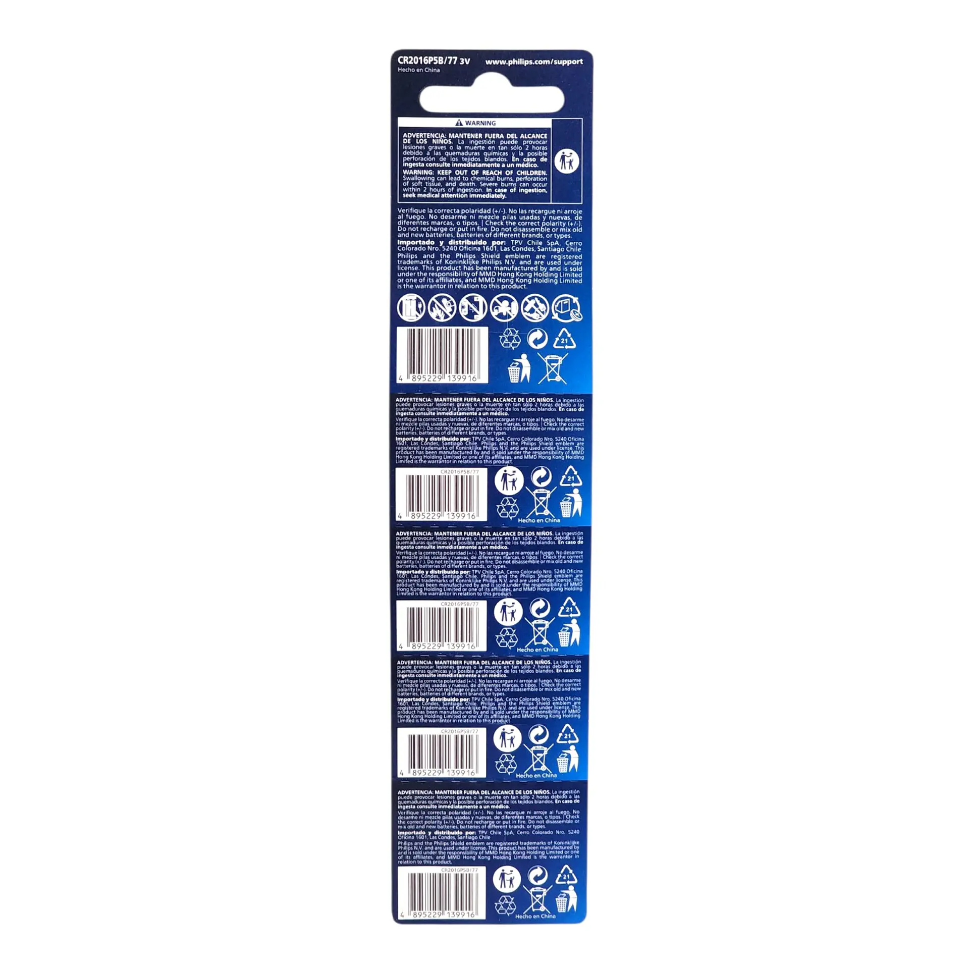 Pack 5 Pilas Cr2016 Tipo Botón Litio 3v Philips 4