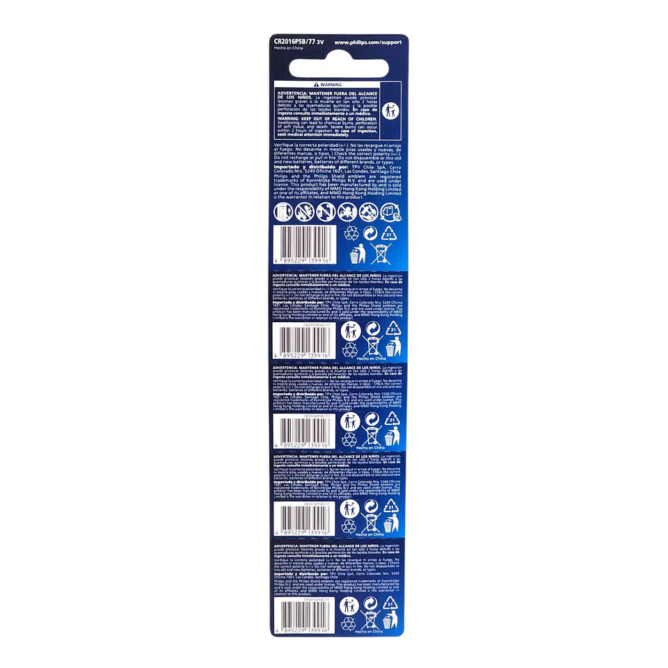 Pack 5 Pilas Cr2016 Tipo Botón Litio 3v Philips 4