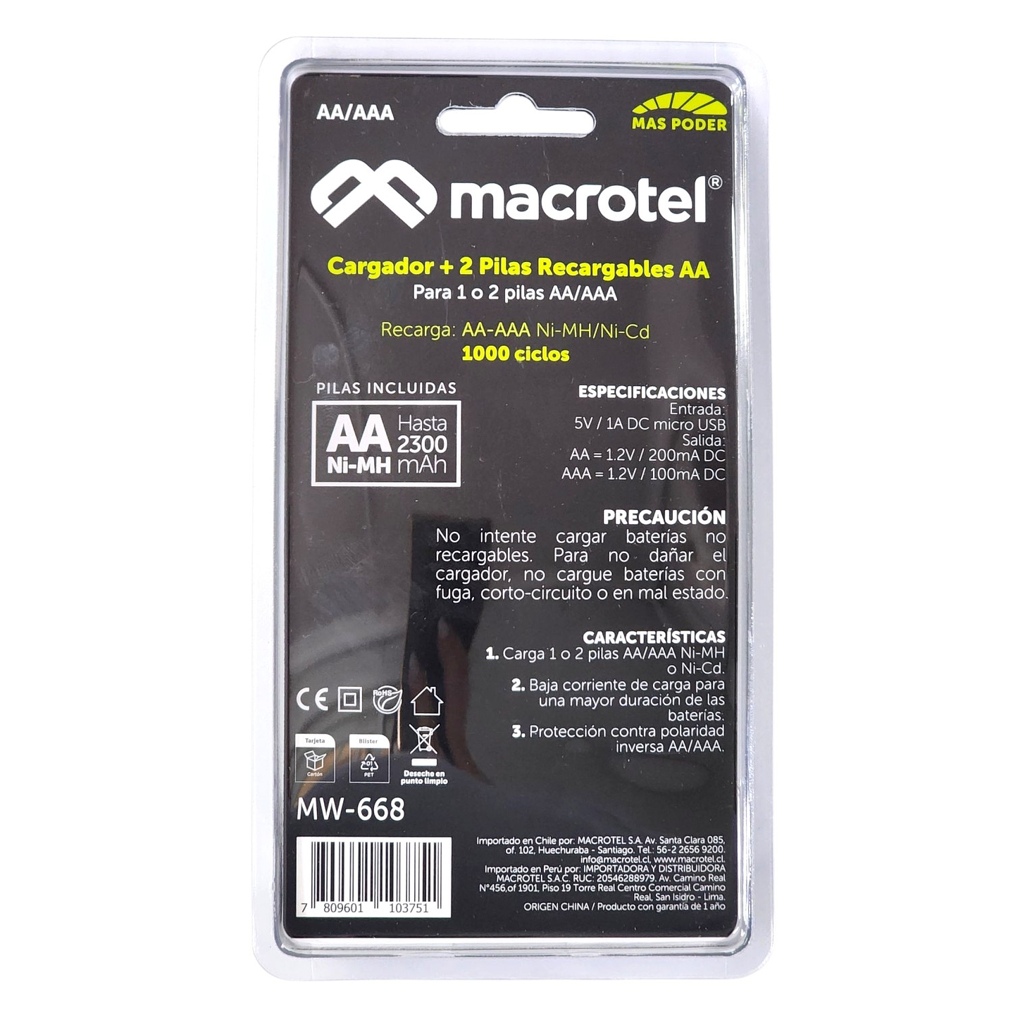 Cargador + 2 pilas AA Micro-USB 2300mha Macrotel 6