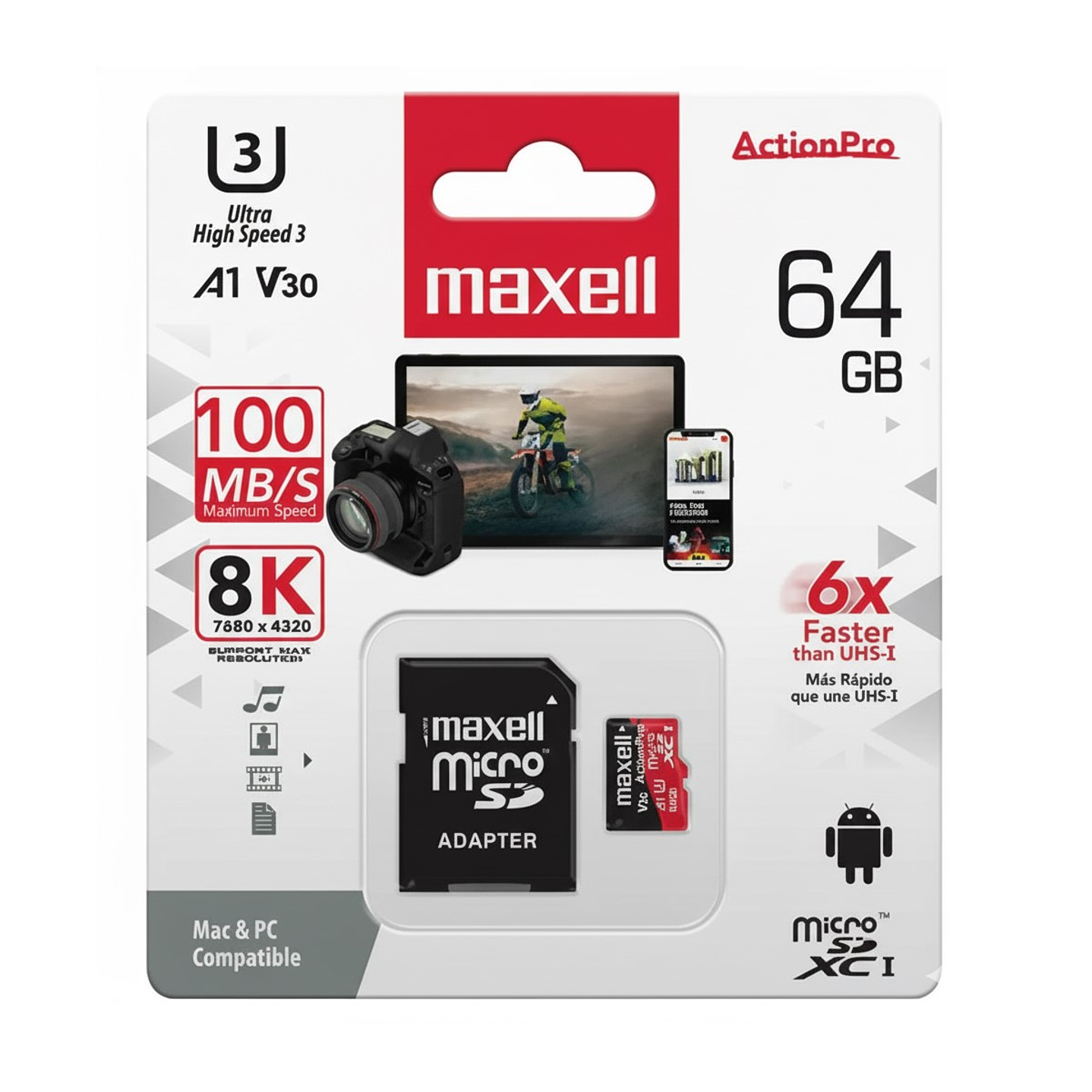 Tarjeta MicroSD Maxell 64GB UH-3 8K 100mb V30 1