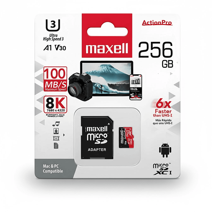 Tarjeta MicroSD Maxell 256GB UH-3 8K 100mb V30 1