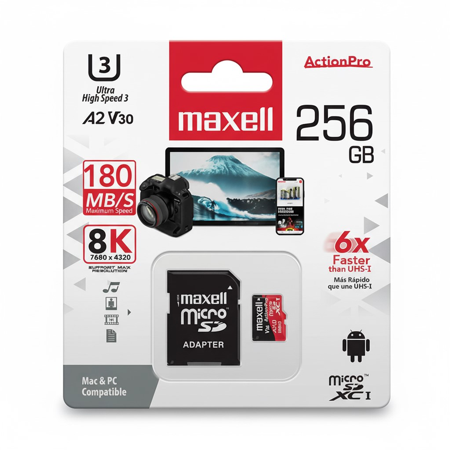 Tarjeta MicroSD Maxell 256GB UH-3 8K A2 180MB/S 1
