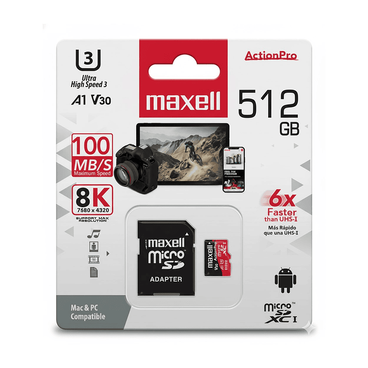 Tarjeta MicroSD Maxell 512GB UH-3 8K 100mb V30 1