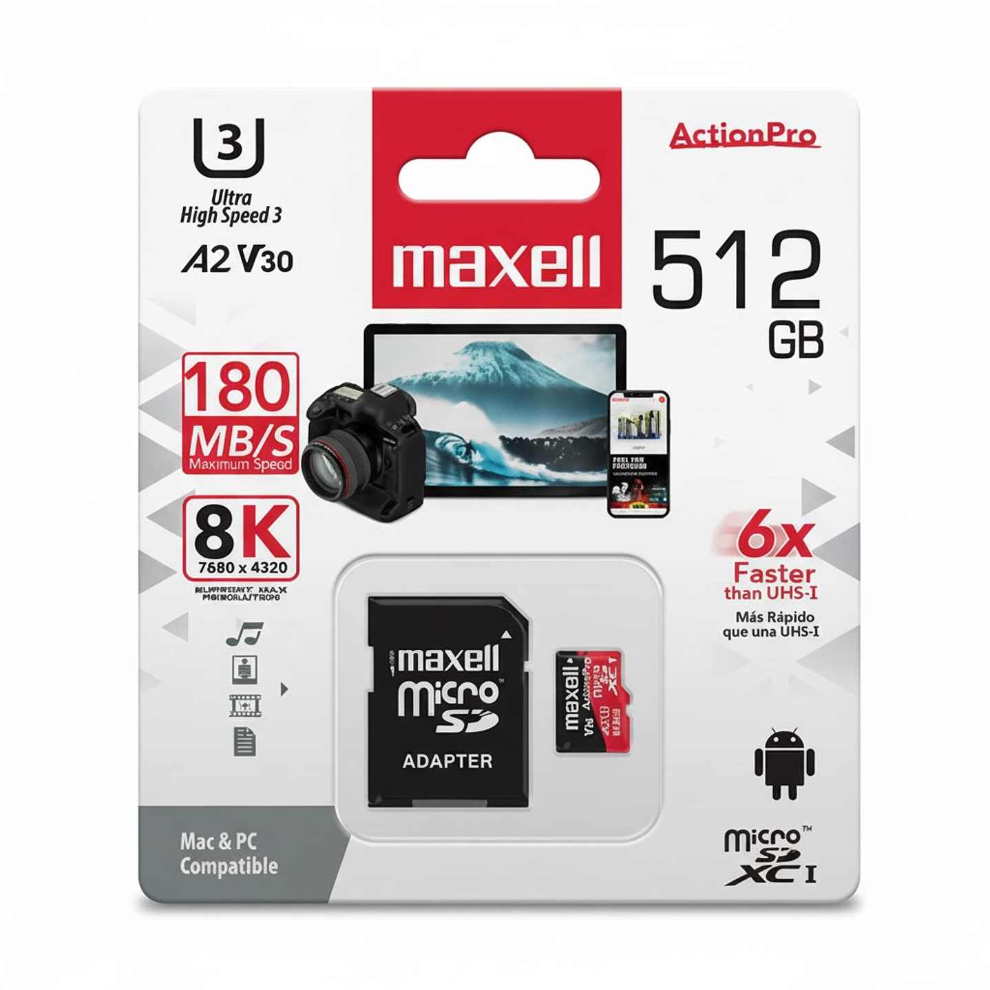 Tarjeta MicroSD Maxell 512GB UH-3 8K A2 180MB/S 1