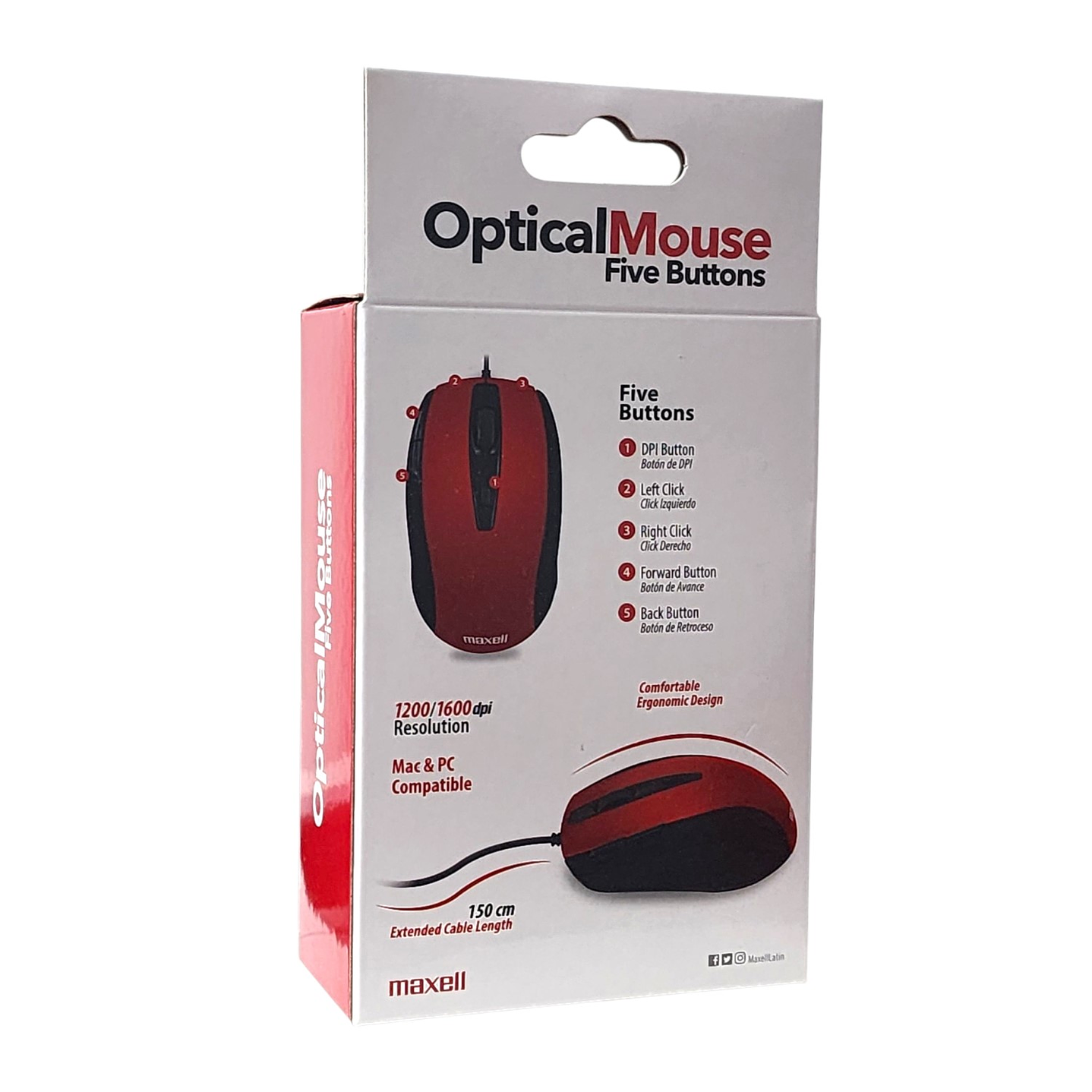 Mouse Óptico 5 Botones Con Cable USB MOWR-105 Maxell Rojo 3