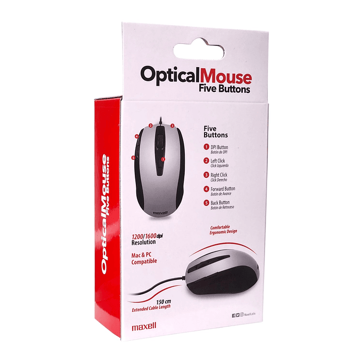 Mouse Óptico 5 Botones Con Cable USB MOWR-105 Maxell Silver 4