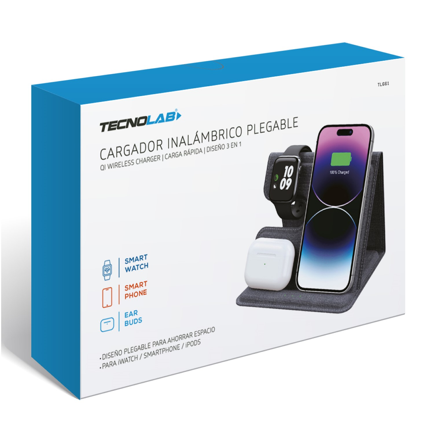 Cargador inalámbrico plegable 3 en 1 Qi 15W TL661 Tecnolab 2