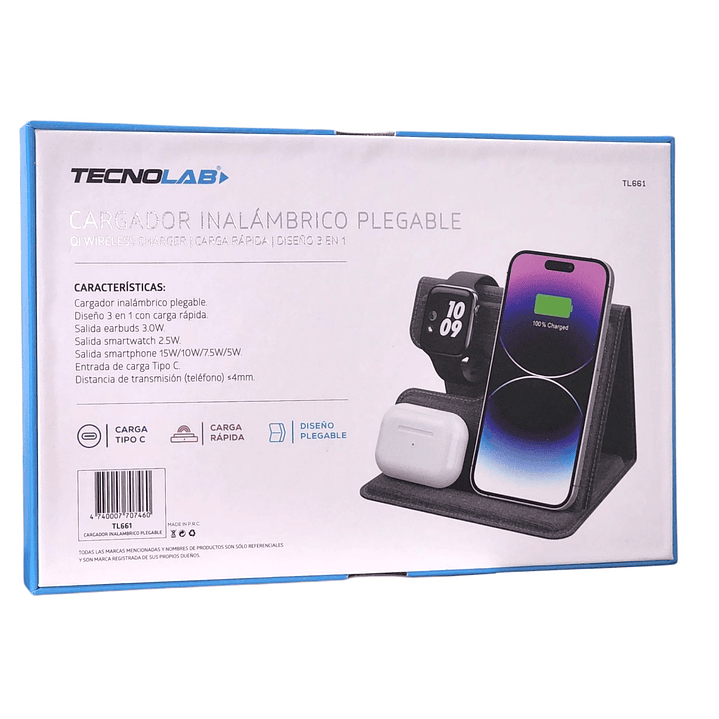 Cargador inalámbrico plegable 3 en 1 Qi 15W TL661 Tecnolab 3