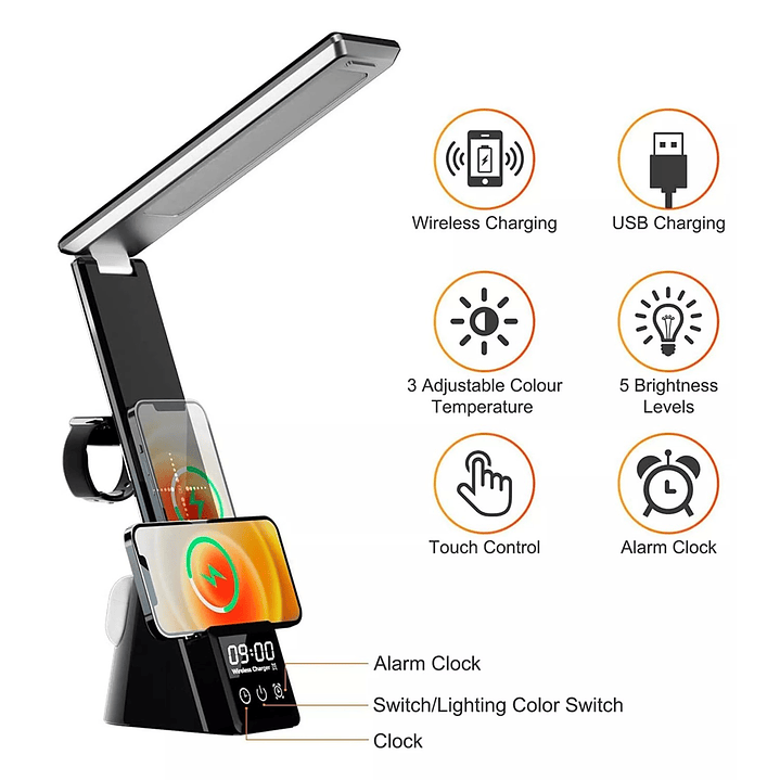 Lámpara Escritorio 4 en 1+ Cargador Inalámbrico Qi Tecnolab 4