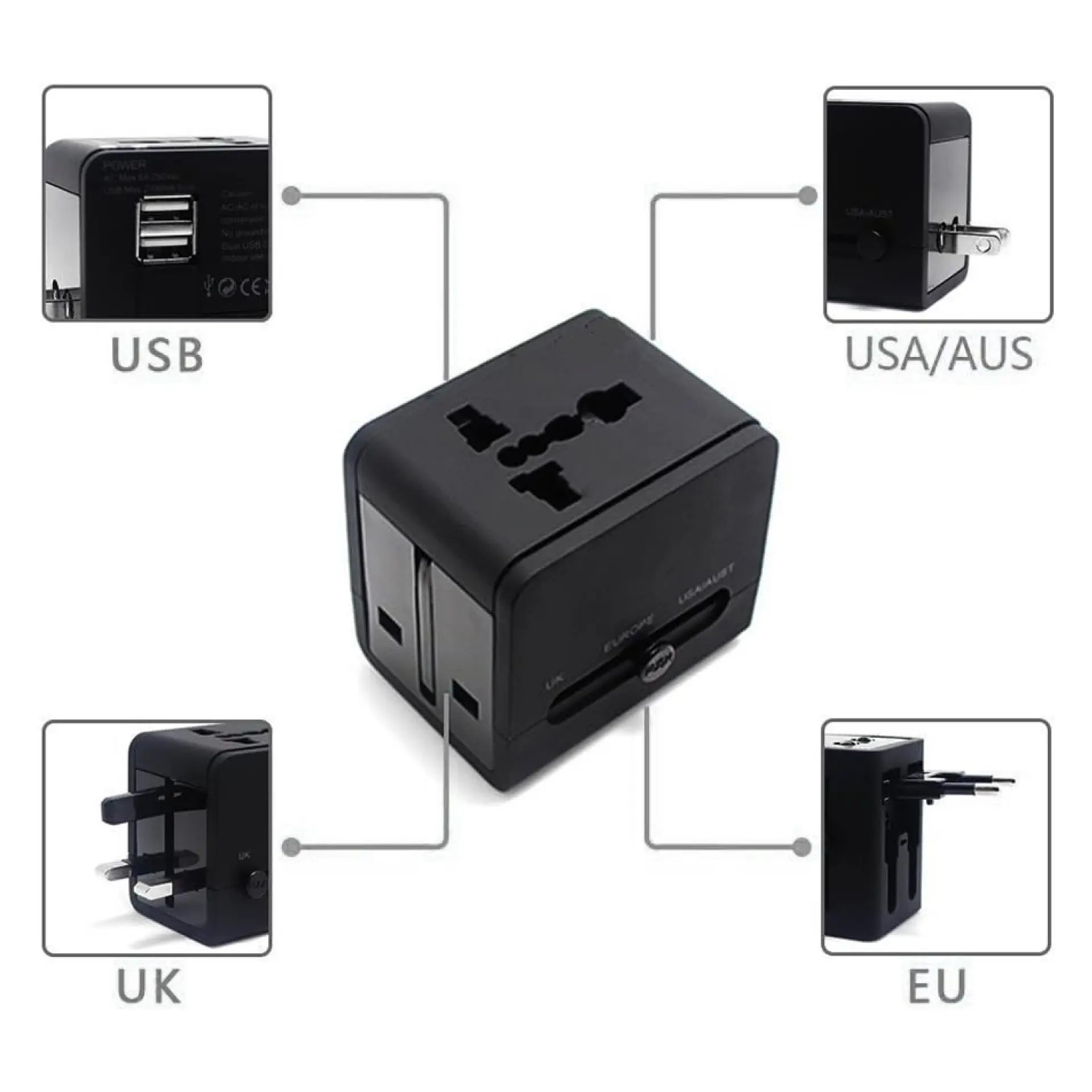 Adaptador Universal De Viaje 2 Usb ProAdaptor TL354 Tecnolab 3