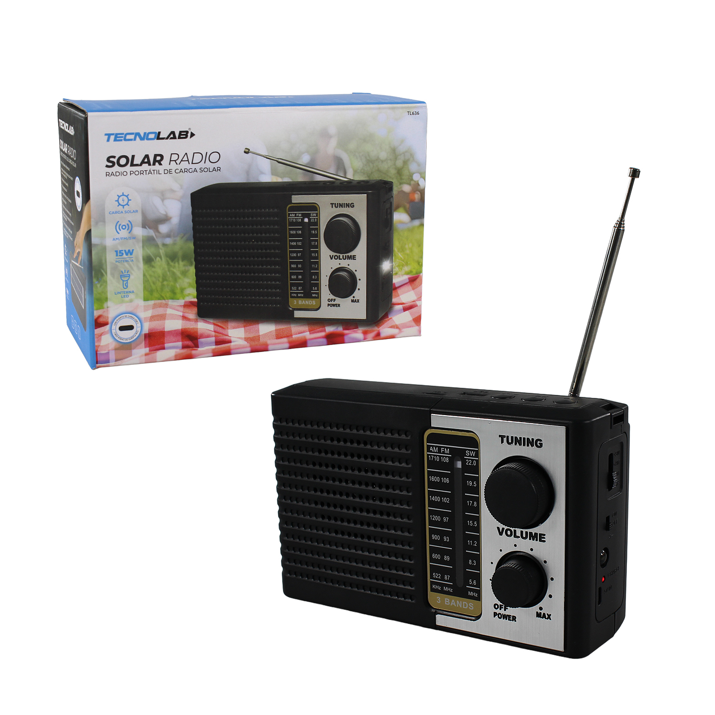 Radio Portátil solar AM FM SW 15W LED y USB TL636 Tecnolab 6