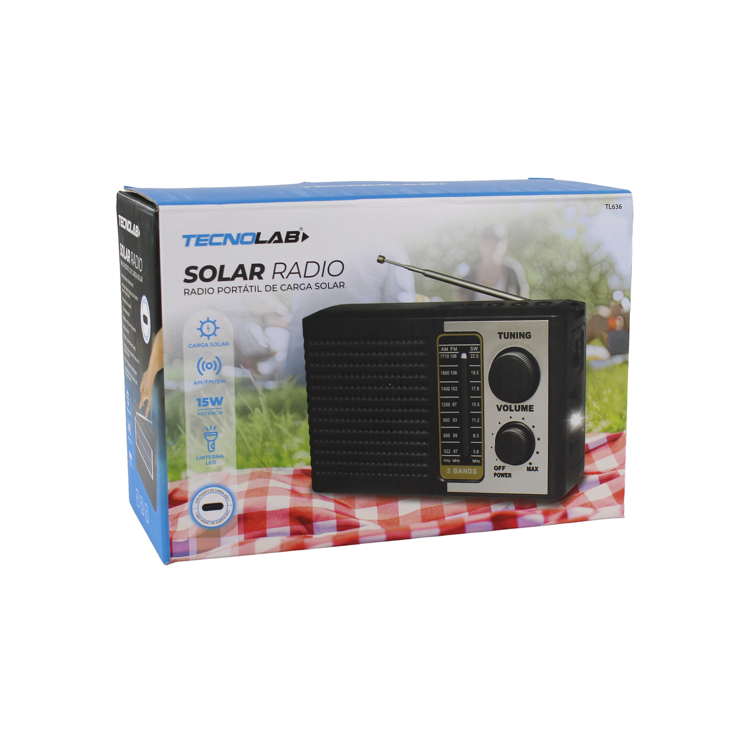 Radio Portátil solar AM FM SW 15W LED y USB TL636 Tecnolab 7