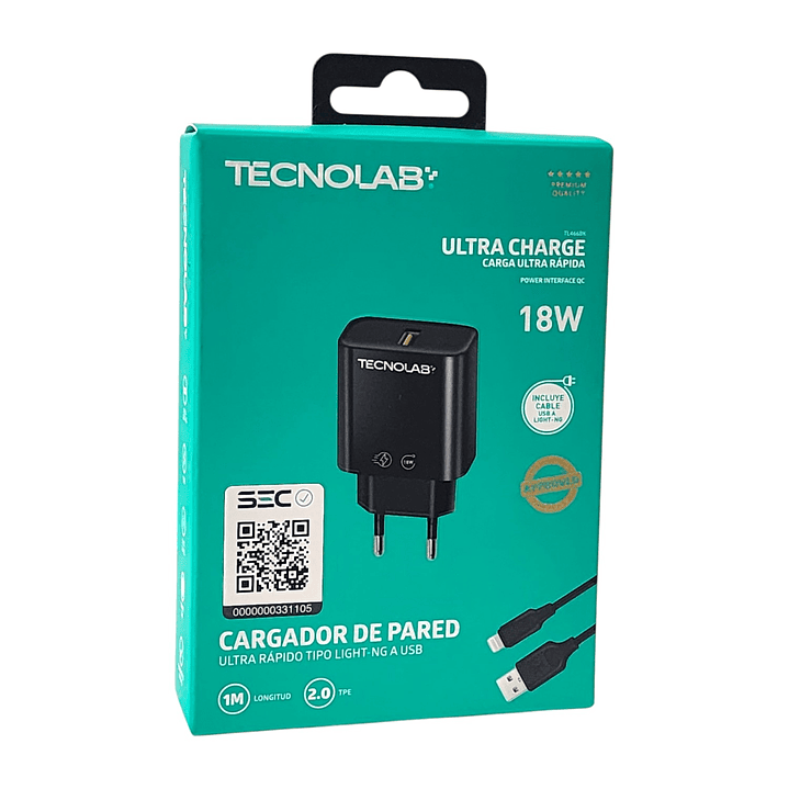 Cargador de Pared 18W QC + Cable USB a LTNG TL466BK Tecnolab 6