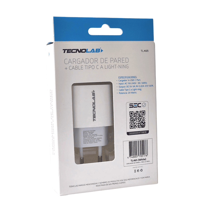 Cargador de Pared 20W + Cable USB-C a LTNG TL465 Tecnolab 2