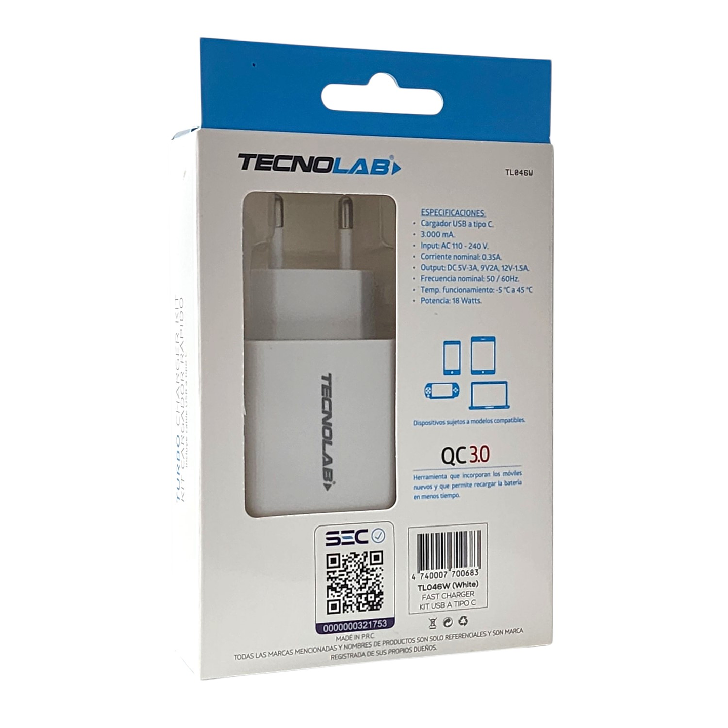 Cargador Rápido QC 3.0 + Cable USB a USB-C TL046W Tecnolab 5