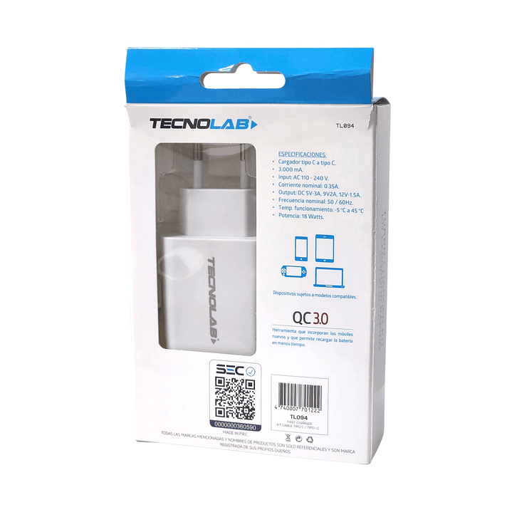 Cargador Rápido 3.0 18W + Cable USB-C a USB-C TL094 Tecnolab 5