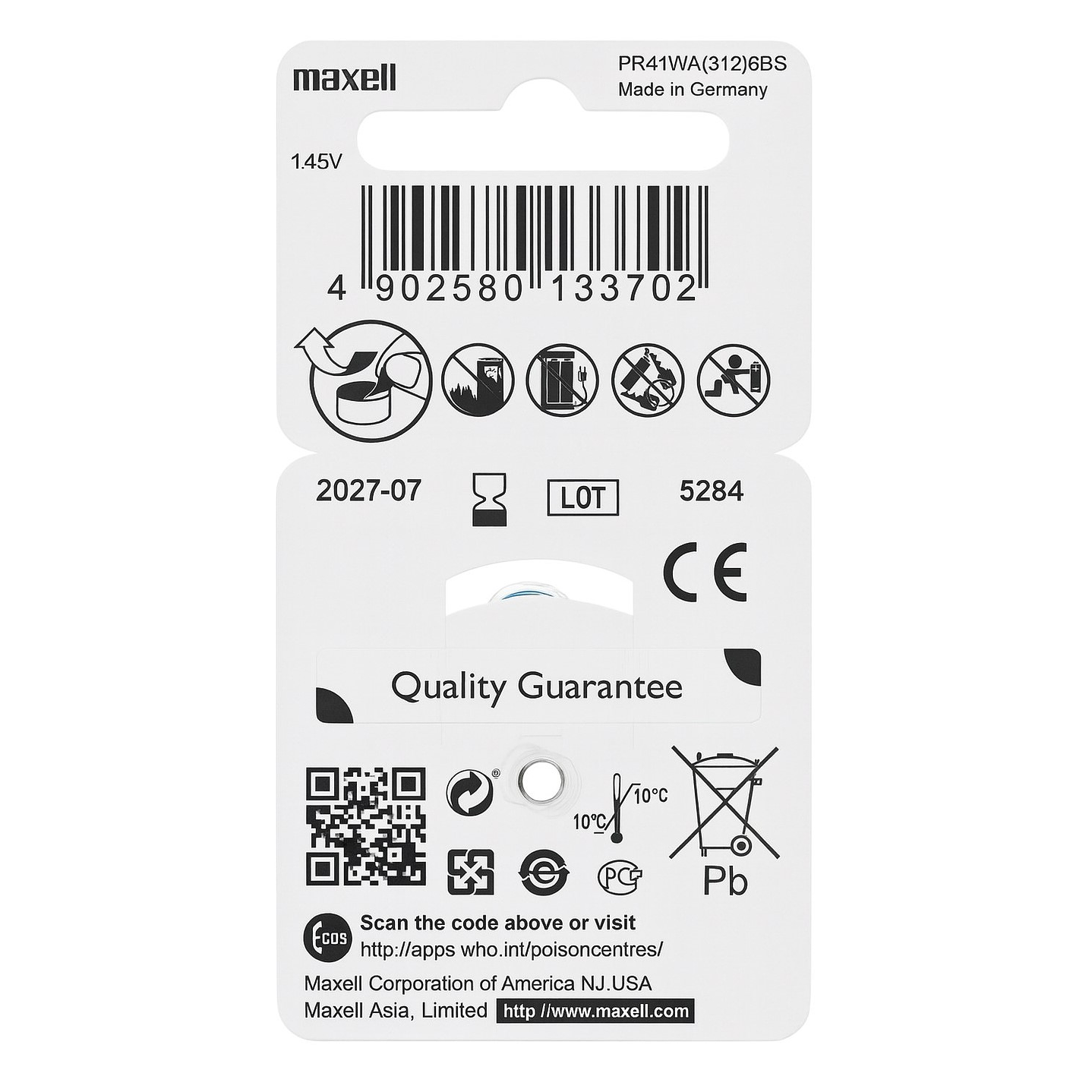 Pack 6 Pilas Para Audífonos Maxell 312 Auditivas 2