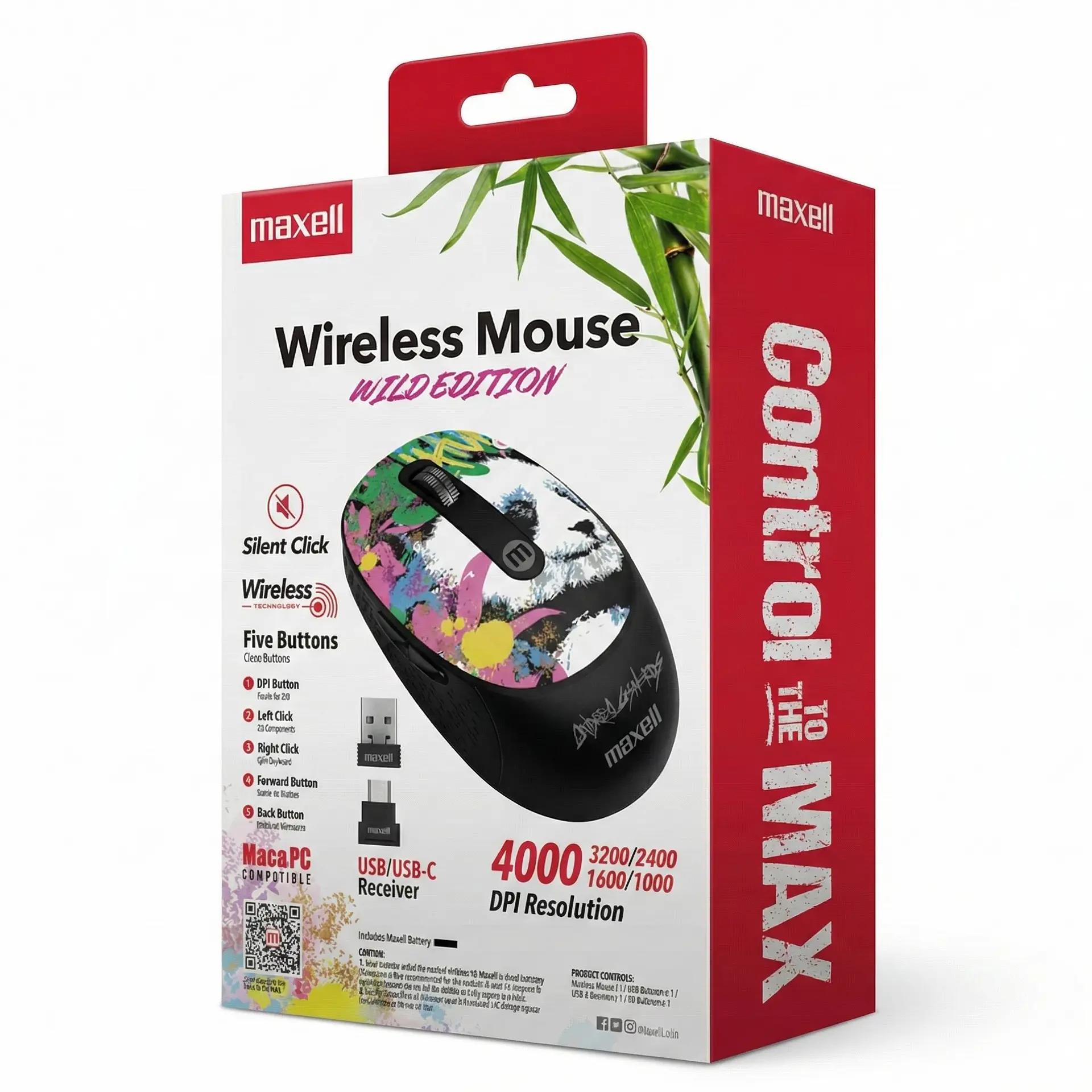Mouse Inalámbrico Maxell Wild Panda 4000dpi Usb/usb-c 3