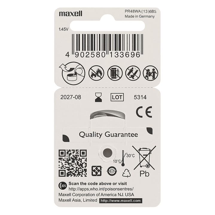 Pack 6 Pilas Para Audífonos Maxell 13 Auditivas 2