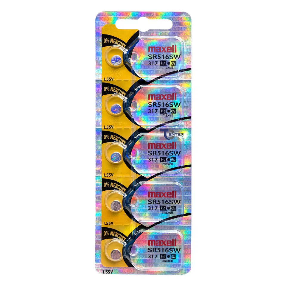 Pack 5 Pilas SR516SW (317) 1.55v Maxell Tipo Botón Holograma	 1