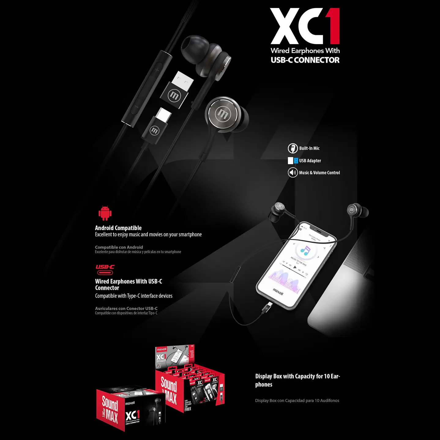 Audífonos Maxell XC1 Tipo C Con Adaptador Usb Negro 2
