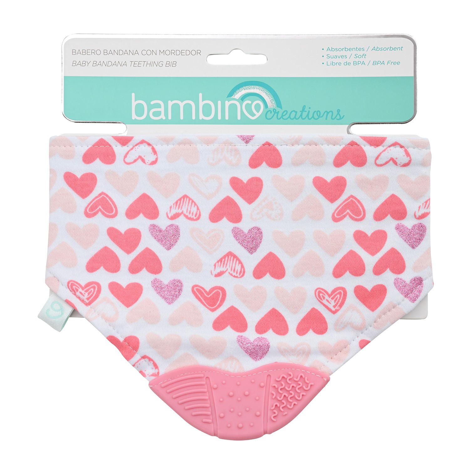 Babero Bandana con Mordedor Corazones Bambino Rosado
