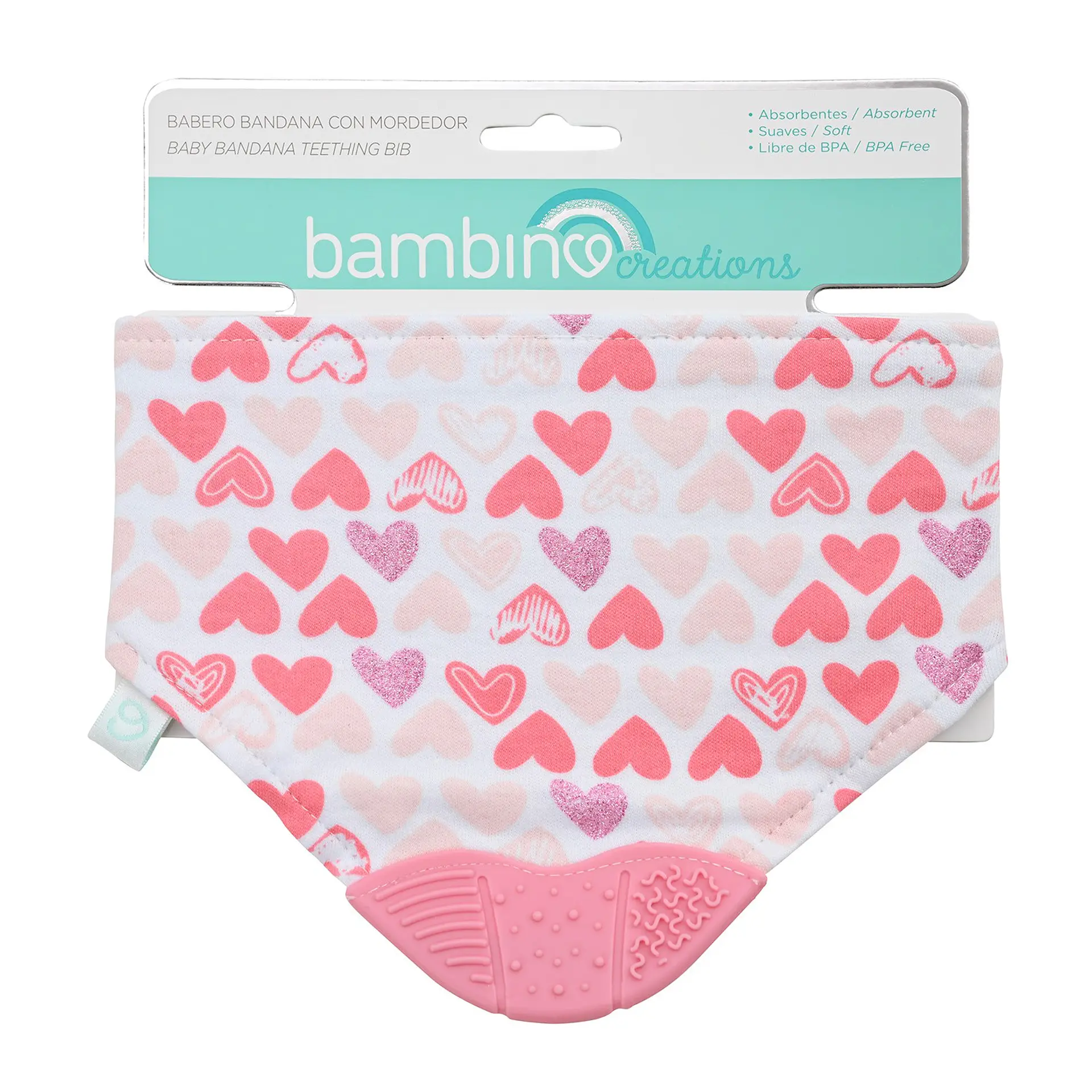 Babero Bandana con Mordedor Corazones Bambino Rosado 1